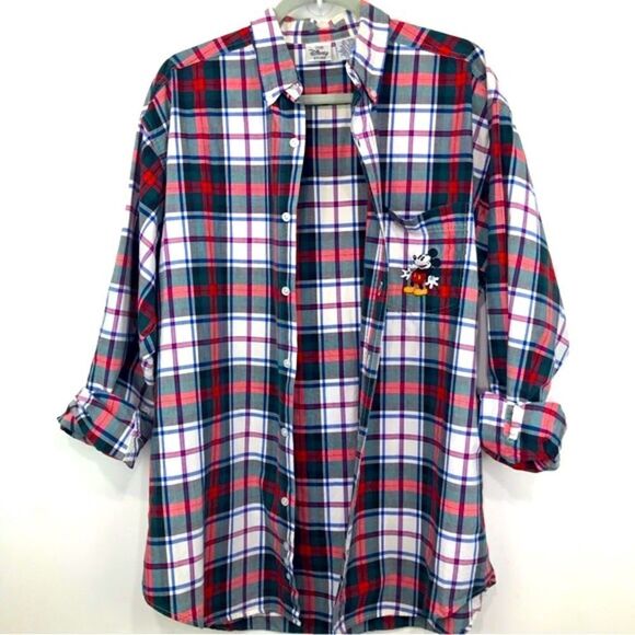 The Disney Store Mickey Mouse Red Green Cotton Plaid Button Down Retro Shirt - Picture 2 of 12